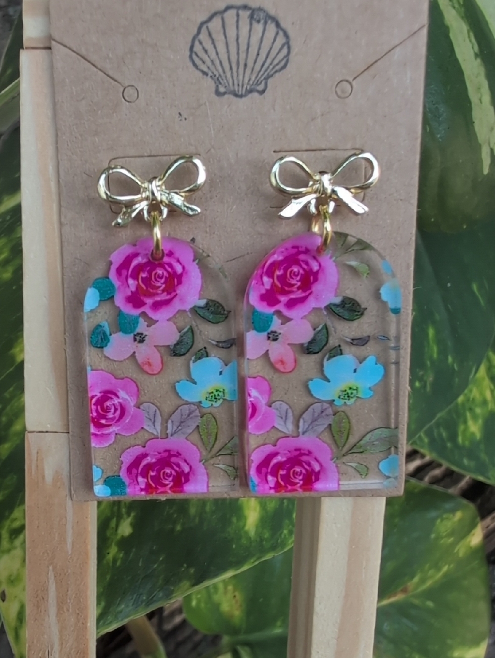 Gold Bow Pink Floral Drop Earrings